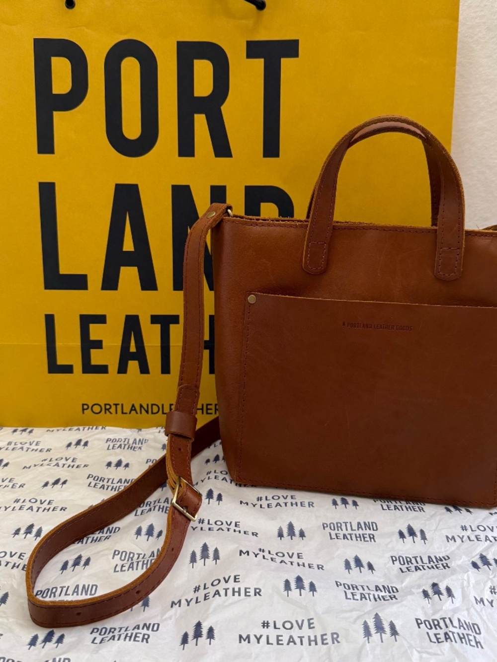 Portland Leather Goods PLG Mini Crossbody Tote with Zipper in Honey Brown EUC